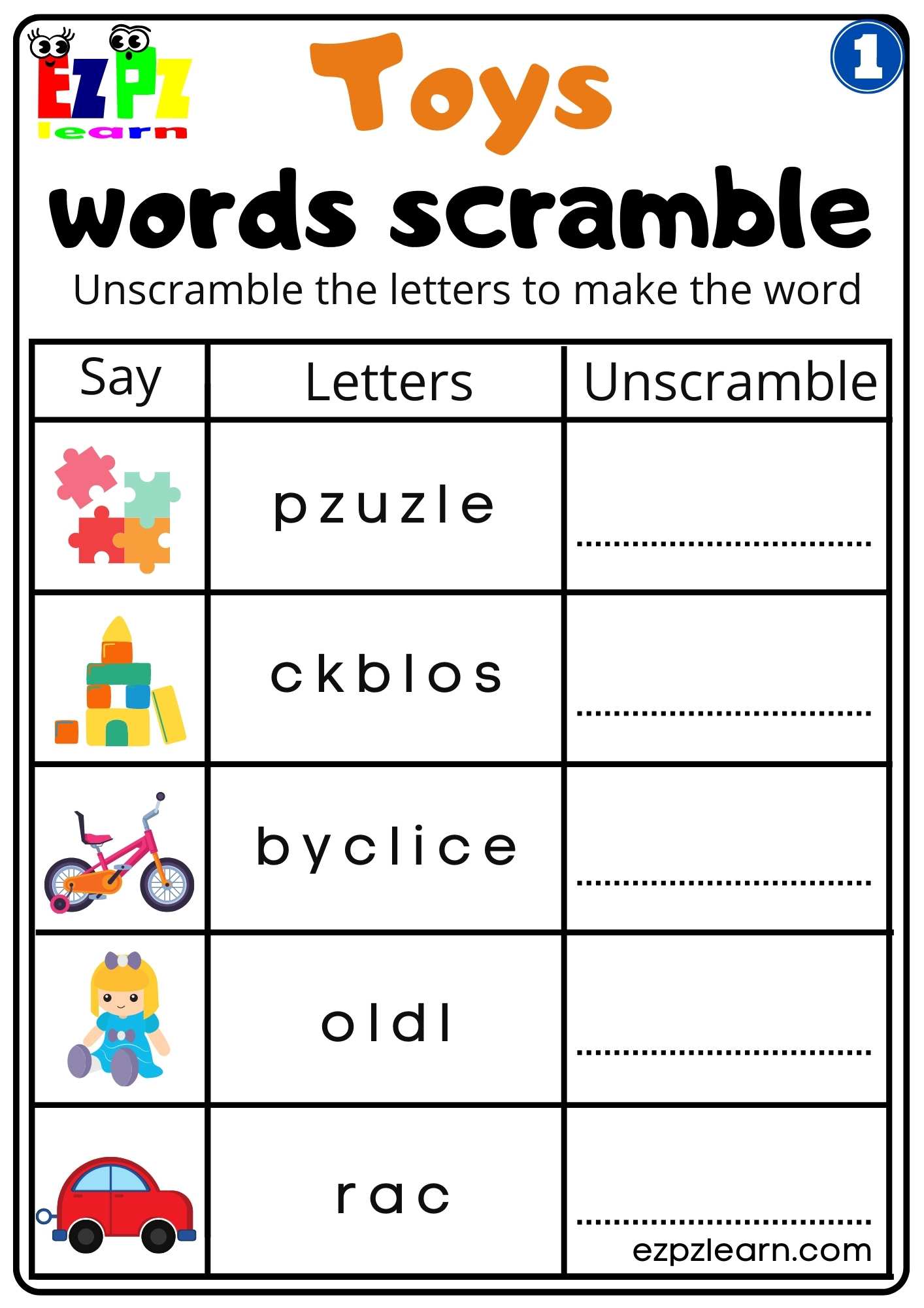 Group 1 Toys Words Scramble Vocabulary Worksheet for K5 and ESL Free PDF Download